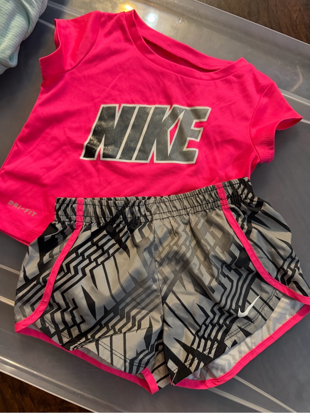 Nike Girls Hot Pink Dri-FIT Top with Gray & Black Geometric Athletic Shorts
